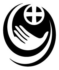 Logo is a black and white oval design with an open hand at the bottom and a cross inside thea circle at the top.